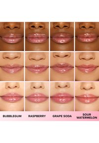 Lipgloss kleurstalen in vier rijen, met de tinten: Bubblegum, Framboos, Druivenlimonade en Zure Watermeloen. Glanzende afwerking op verschillende huidtinten.