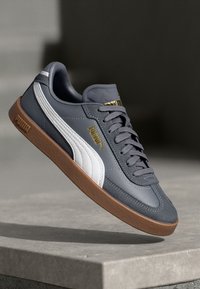 Graue Sneaker mit weißem Streifen, goldfarbenem Logo und brauner Gummisohle. Verfügt über ein glattes Lederoberteil und ein rundes Zehendesign.