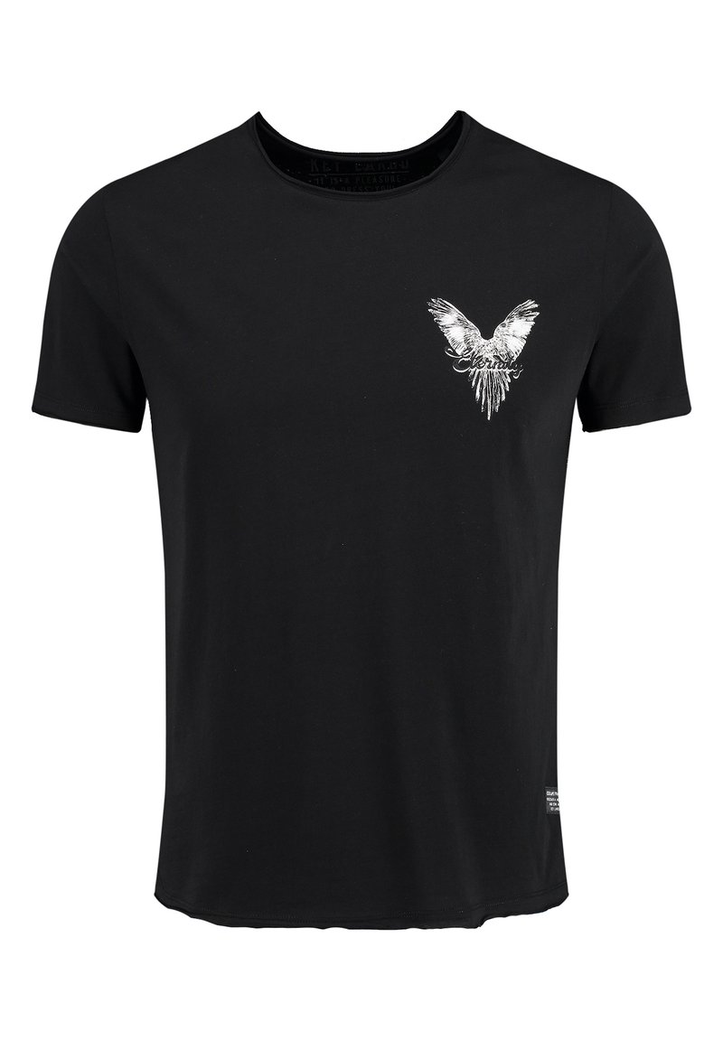 Camiseta negra de manga corta hecha de algodón, con un gráfico de águila blanca en el lado izquierdo del pecho y un cuello redondo. Textura suave.