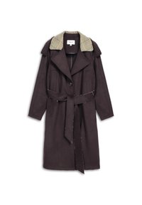 Donkerbruin lange wollen jas met een beige patroon kraag, ceintuur in de taille, lange mouwen en een enkele sluiting met een knoop aan de voorkant.