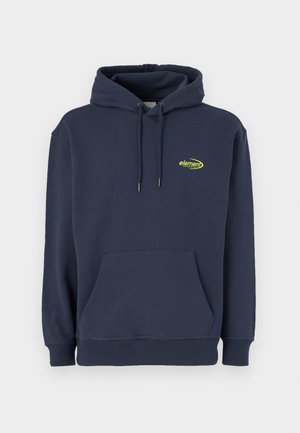 Navy blue hoodie made of cotton blend, featuring a front pouch pocket, drawstring hood, and a small yellow logo on the chest.