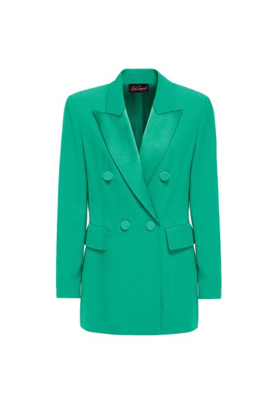 Groene blazer van gladde stof, met een dubbelgeknoopte ontwerp, gekraagde revers en twee voorzakken.