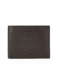 Cartera de cuero marrón con logotipo circular grabado, que presenta el texto "Quality Clothing Extra" y "Lois Jeans". Textura suave, diseño de bi-fold.
