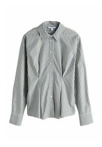 Long-sleeve button-up shirt with olive green and white vertical stripes and a pointed collar.