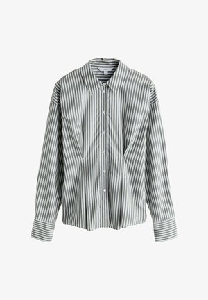 Hosszú ujjú gombos ing olíva zöld és fehér függőleges csíkokkal és hegyes gallérral.