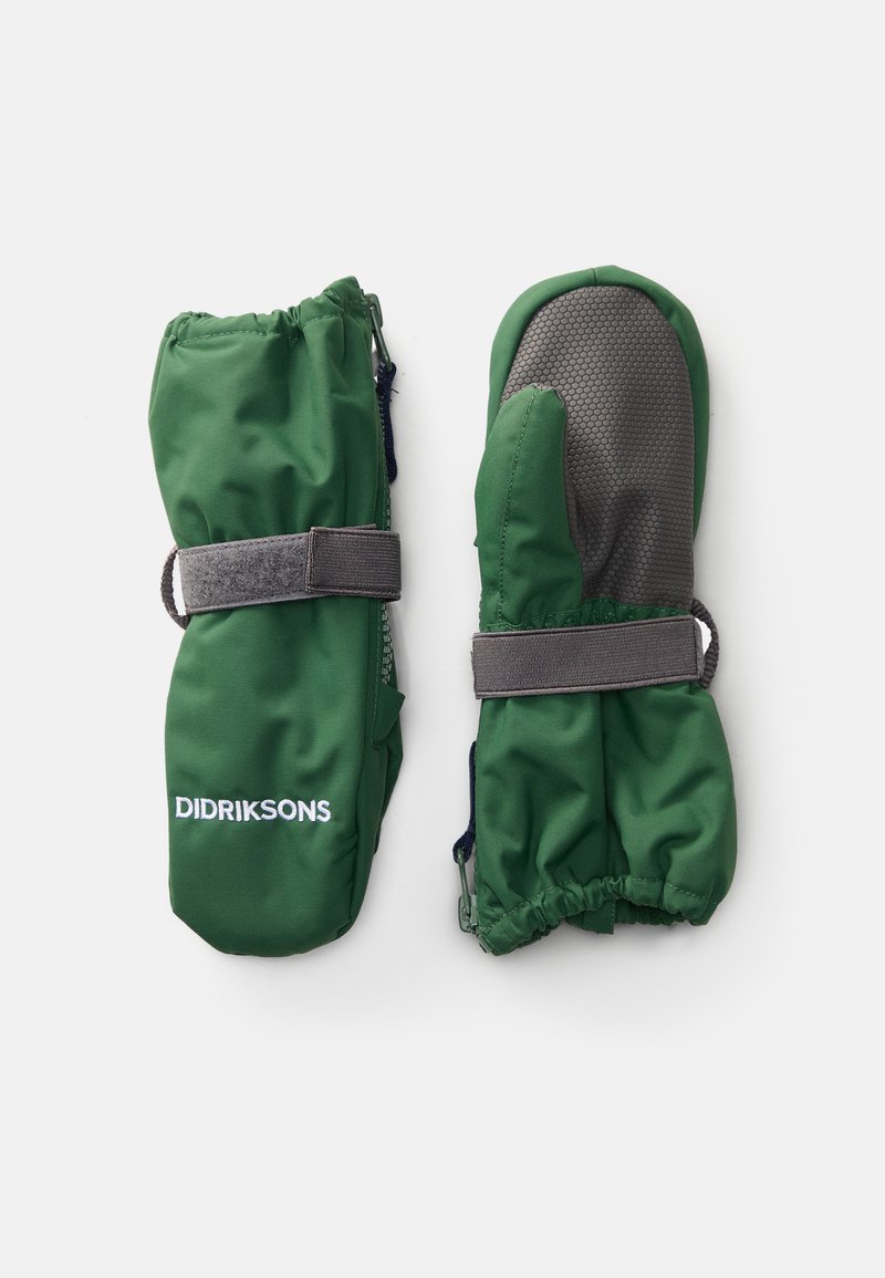 Zelene rukavice od sintetičkog materijala, sivo teksturiranim dlanom za grip, podesivim trakama i elastičnim manžetama za sigurno prianjanje.