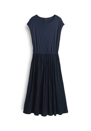 Navy blue, short-sleeved dress with a round neckline, fitted upper section, and gathered, pleated skirt. Soft fabric with elastic waist.