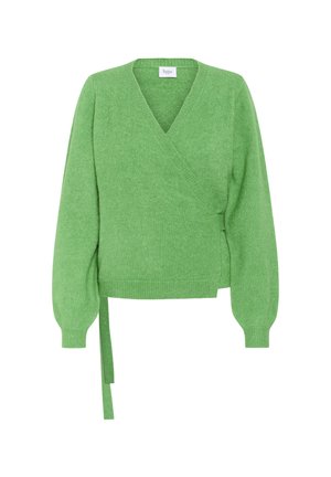 Green wrap-style sweater with long puff sleeves, ribbed cuffs and hem, and a tie detail on the left side.