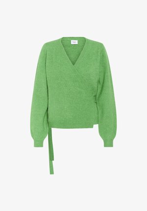 Green wrap-style sweater with long puff sleeves, ribbed cuffs and hem, and a tie detail on the left side.