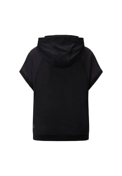 Black cropped hoodie with short sleeves, featuring a drawstring hood, seamless sides, and a smooth texture. Simple and minimalist design.
