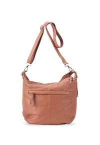 Borsa a spalla in pelle beige con una sola tracolla regolabile, chiusura con cerniera, tasca frontale con zip e una texture morbida e opaca.