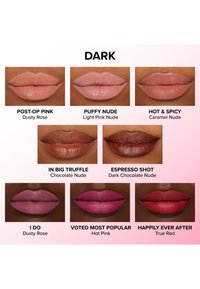 Verzameling van acht lipkleuren op verschillende huidtinten, met kleuren zoals Dusty Rose, Light Pink Nude en True Red. Matte afwerking, duidelijke labeling.