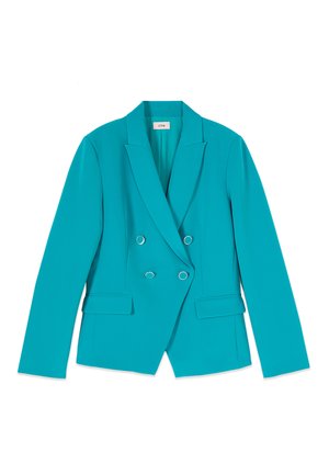 Blazer doppiopetto turchese con rever a punta, due tasche frontali con pattina e quattro bottoni argento sul davanti.