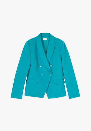 Blazer doppiopetto turchese con rever a punta, due tasche frontali con pattina e quattro bottoni argento sul davanti.