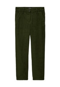 Pantalon en velours côtelé vert foncé, coupe droite, doté de poches latérales et d'une fermeture par bouton. Le tissu présente une texture côtelée.