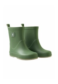 Bottes de pluie en caoutchouc vert avec une texture lisse, un bout rond et une semelle à grip moulée. Présente un accent gris en haut et un patch logo.