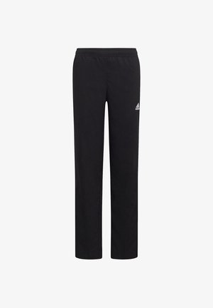 Czarne spodnie dresowe Adidas z elastycznym pasem i małym białym logo Adidas na górnej lewej nodze, prosty krój noga.