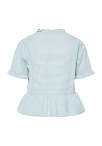 Blusa a quadretti blu chiaro con maniche a volant corte, orlo a peplum arricciato e una piccola chiusura sul retro al collo. Tessuto di cotone testurizzato.