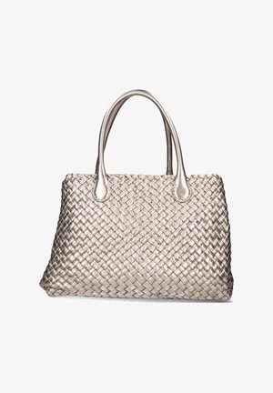 Borsa in metallo argentato intrecciata con due manici curvi, forma rettangolare, superficie strutturata e finitura liscia.