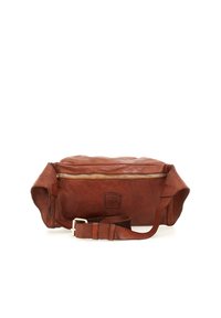 Borsa in pelle marrone a vita con chiusura a zip, design piatto, tracolla regolabile e un logo embosso discreto sul davanti. Superficie testurizzata.