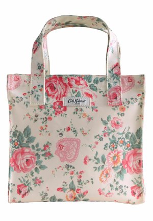 Bolso tote rectangular pequeño con fondo crema y patrón floral en rosa, con etiqueta Cath Kidston London en el centro.