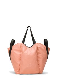 Iso pehmeä vaaleanpunainen käsilaukku, jossa mustat kahvat, vetoketjusuljenta ja "DEHA"-logo painettuna etukeskukseen.