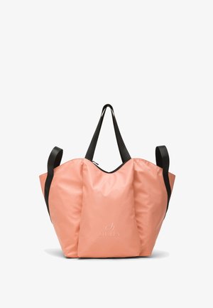 Bolsa grande de mano suave color rosa con asas negras, cierre de cremallera y logo "DEHA" en relieve en el centro delantero.