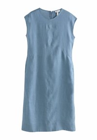 Abito di lino azzurro chiaro con maniche corte, collo tondo e chiusura con cerniera sul retro. Caratterizzato da una texture liscia e un design minimalista.