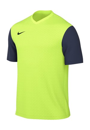 Maglietta sportiva a maniche corte giallo fluorescente con un motivo geometrico testurizzato sul davanti e maniche blu navy solide. Design a V.