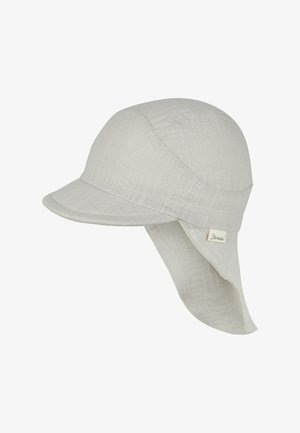 Light beige cap made of textured fabric with a curved brim and a neck flap. Features a small label on the side for branding.