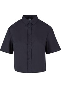 Camicia a maniche corte, di un blu navy scuro, con colletto all'uncinetto, orlo dritto e sei bottoni frontali realizzati in morbido cotone.
