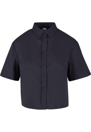 Camisa de manga corta, de color azul marino oscuro, con cuello extendido, dobladillo recto y seis botones frontales, confeccionada en suave tela de algodón.