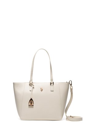 Beige leather tote bag with double handles, a detachable shoulder strap, and a small gold horse emblem on the front.