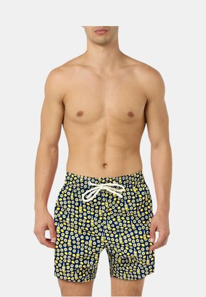 Boxer da bagno blu con un motivo circolare giallo e bianco, vita elastica con laccetto, che arriva a metà coscia.
