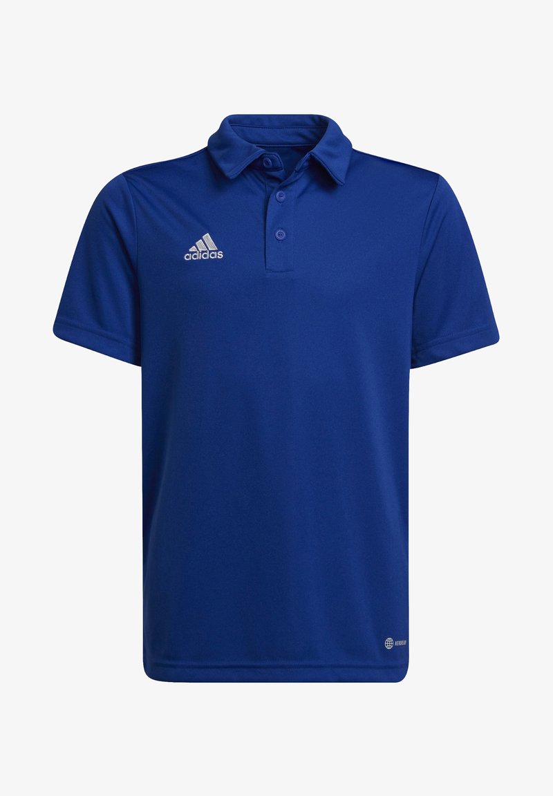 Blauwe poloshirt gemaakt van een gladde stof. Voorzien van een drieknoopssluiting, kraag en een wit Adidas-logo op de linkerkant van de borst.