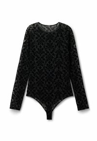 Czarny body z długim rękawem, ozdobione kwiatowym wzorem damask, wykonane z teksturowanego materiału aksamitnego, z okrągłym dekoltem i zapięciem na napy na dole.