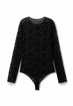 Schwarzer langärmeliger Body mit floralem Damaskmuster, gefertigt aus einem strukturierten Samtmaterial, mit Rundhalsausschnitt und Druckknopfverschluss am Boden.