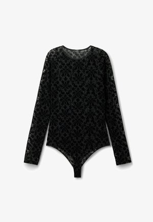 Body noir à manches longues avec un motif damassé floral, fabriqué en velours texturé, avec un décolleté en bateau et une fermeture à pression au bas.