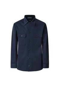Granatowa koszula zapinana na guziki z długimi rękawami, dwoma kieszeniami na piersi, ze spiczastym kołnierzykiem i czarnymi guzikami. Wykonana z gładkiego materiału.