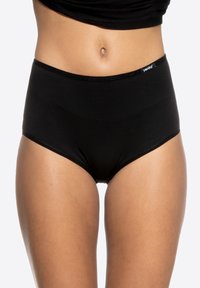 Black high-waisted underwear made of smooth fabric, featuring an elastic waistband with brand logo, and a full coverage design.