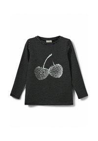 Svart och vit randig långärmad skjorta med en grafik av två silverglittrande körsbär på framsidan, med rund halsringning.