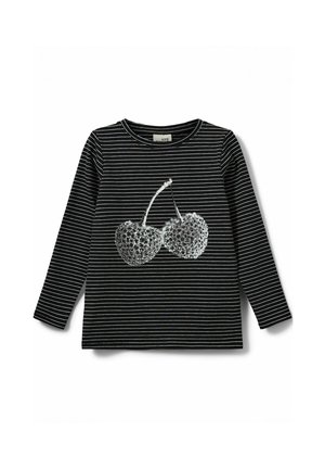 Musta-valkoinen raidallinen pitkähihainen paita, jossa on edessä kaksi hopeista paljettikirsikkaa esittävä graafinen kuvasto ja pyöreä kaula-aukko.