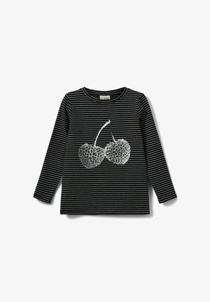 Zwart-witte gestreepte langemouwen shirt met een afbeelding van twee zilveren pailletten kersen op de voorkant, met een ronde hals.