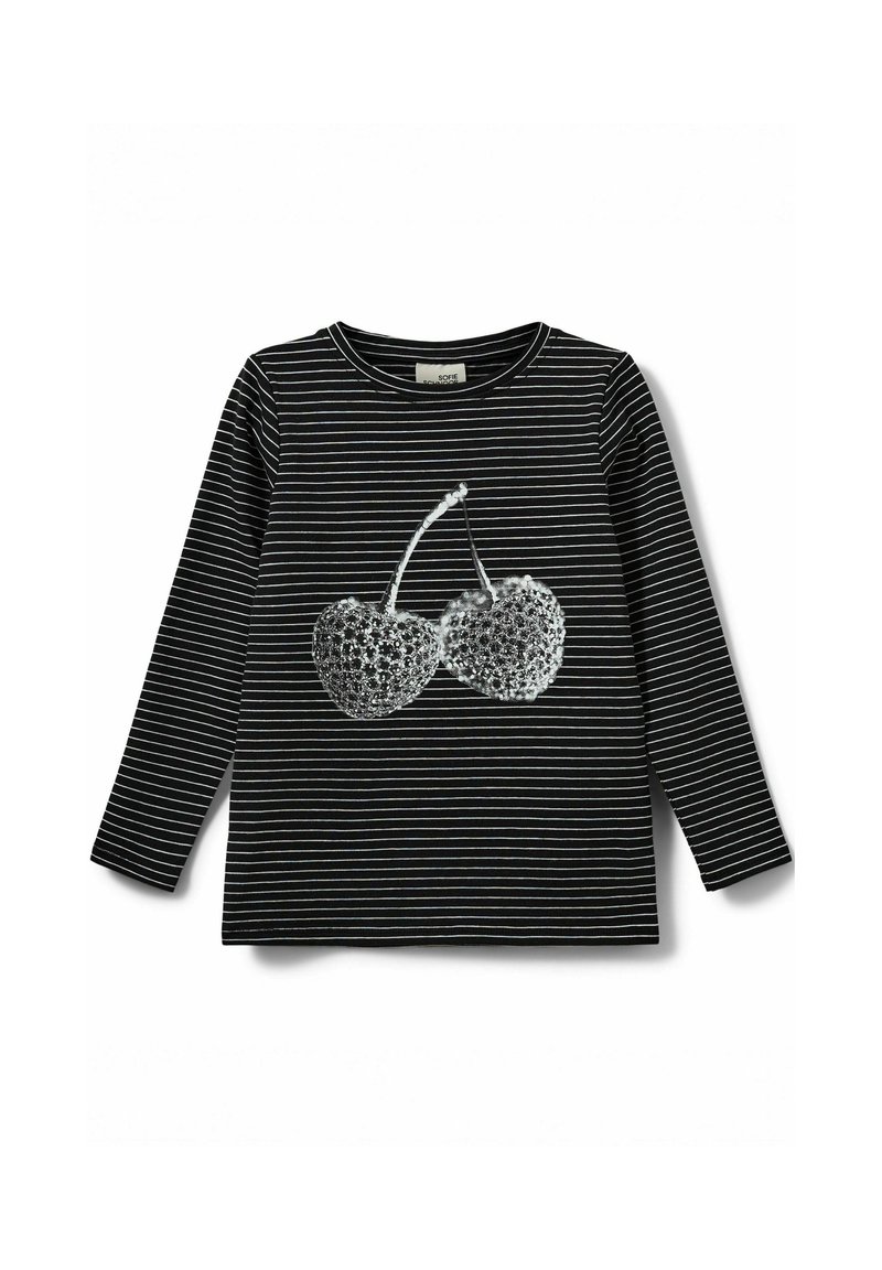 Svart och vit randig långärmad skjorta med en grafik av två silverglittrande körsbär på framsidan, med rund halsringning.