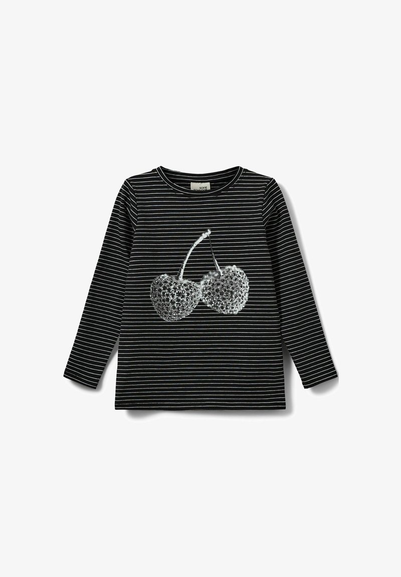 Juodai-baltas dryžuotas ilgomis rankovėmis marškinėliai su dviejų sidabrinių blizgučių vyšnių grafika priekyje, turintys apvalią kaklo iškirptę.