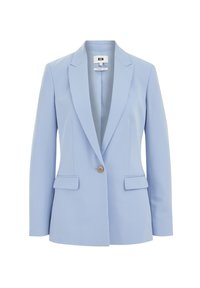 Ljusblå blazer i slät tyg med slagkrage, enkel knappstängning och två framfickor.