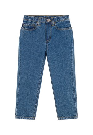 Blå denimjeans med høj talje, frontknaplukning, bæltestropper og klassisk fem-lomme design på hvid baggrund.