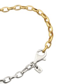 Halskette aus abwechselnd goldenen und silbernen Gliedern. Verfügt über einen Karabinerverschluss und eine kleine Anhängermarke. Glatte Textur und glänzende Oberfläche.