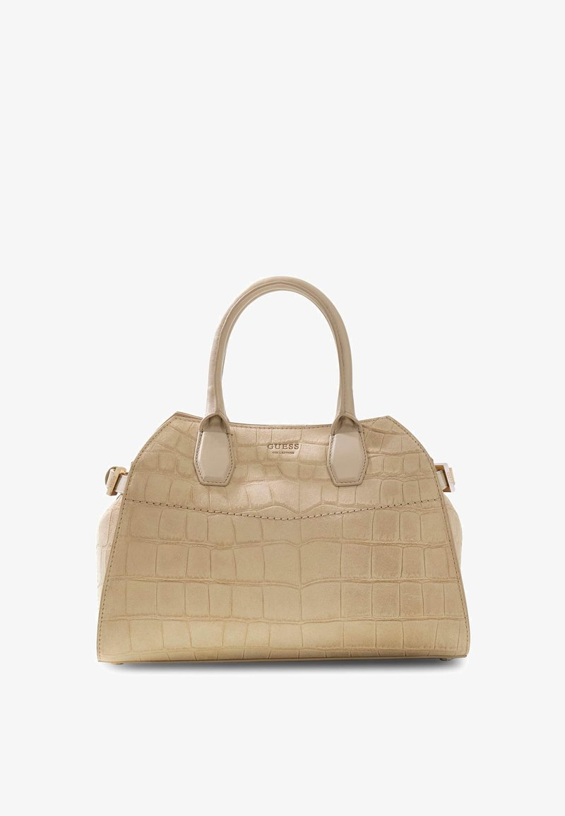 Sac à main beige avec texture crocodile et double poignée, avec le logo Guess Collection au centre devant.