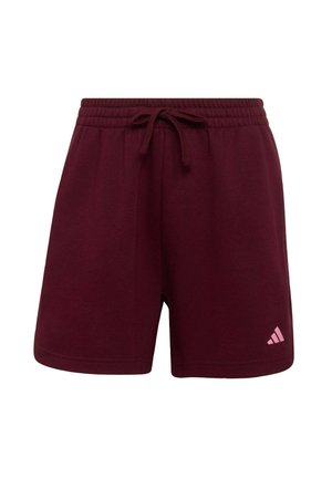 Bordeauxrote Sportshorts mit elastischem Bund und verstellbarem Kordelzug. Mit kleinem pinkfarbenem Logo auf der unteren linken Seite. Weiche Stoffstruktur.